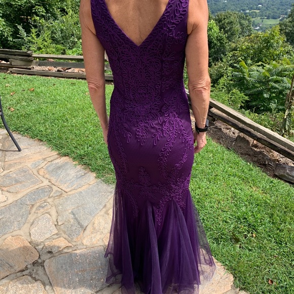 Cachet Purple Embroidered Tulle Trumpet Gown - Picture 4 of 16